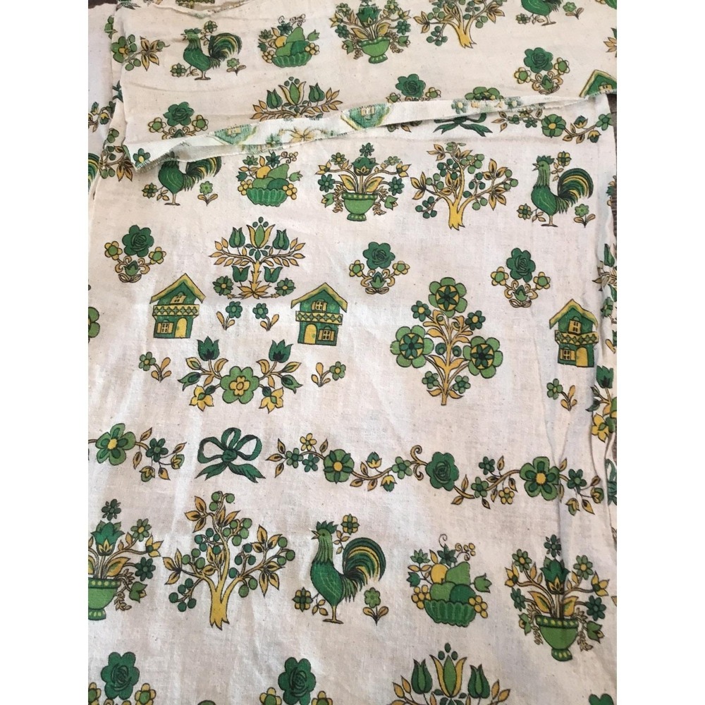 Vintage 1970 kitchen curtains with valance Green Gold folk art rooster